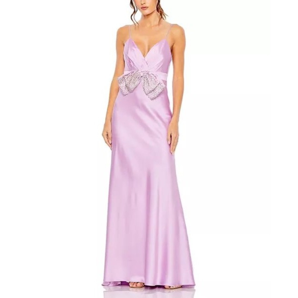 Mac Duggal Rhinestone Bow Cami Draped Trumpet Evening Gown Lilac Sz 6 New